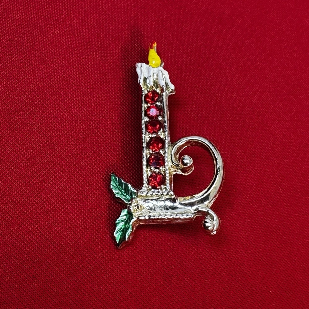 VINTAGE ENAMEL RHINESTONE CHRISTMAS CANDLE BROOCH PIN GOLD TONED